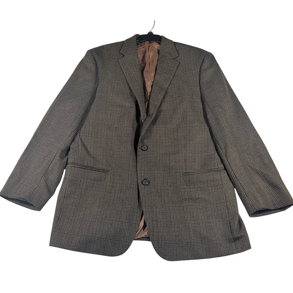 Lauren Ralph Lauren Sport Coat Mens 44L Brown Glen Plaid 100% Wool Blazer Jacket